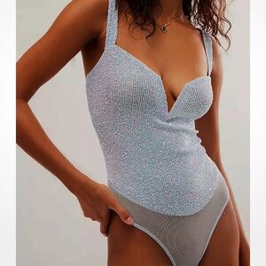 FREE PEOPLE SPARKS FLY SLEEVELESS SEQUIN BODYSUIT ICE BLUE SMALL